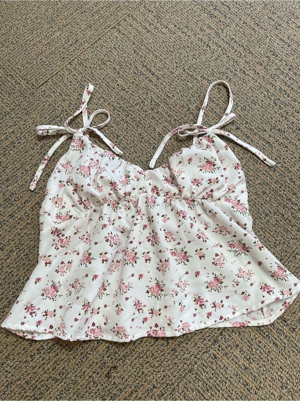 Floral Tie-Strap Camisole Tank Top - White with Pink Rose Print